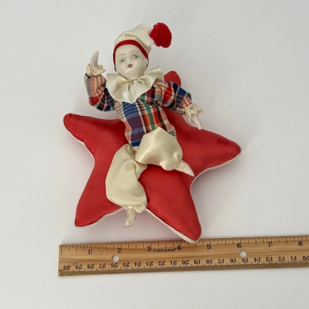Porcelain Harlequin Clown Doll on Star Plush Pillow OOAK Pierrot Plaid